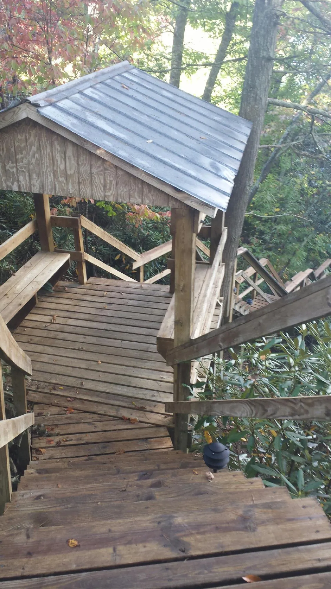 Metal roofed shelter over wooden steps on a wooded walkway — Skylight Repair & Installation work by our crew in Marietta